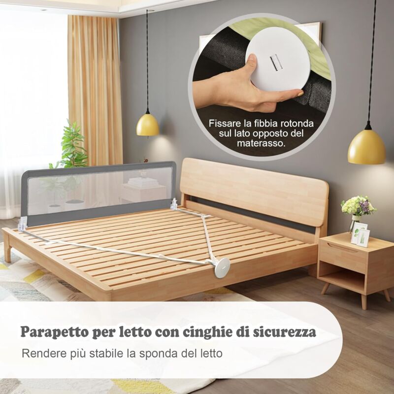 COSTWAY Barriera Letto 180 Cm – Sponda Di Sicurezza Per Bambini, Altezza Regolabile 80-95 Cm, Rete Lavabile, Gialla