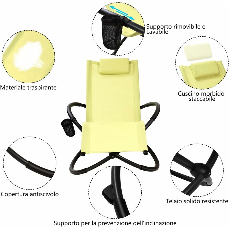 Sdraio pieghevole a dondolo con cuscino poggiatesta rimovibile da esterno,  Sedia portatile portata 180kg Grigio - Costway