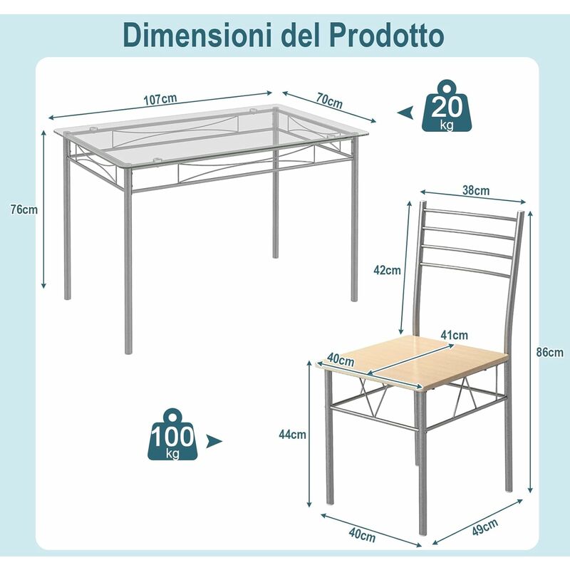 COSTWAY Set Tavolo e Sedie da Pranzo Moderno 5 pezzi, Tavolo Rettangolare  da Cucina in Vetro e 4 Sedie con Struttura Metallica Antigraffio, Set di  Mobili da Cucina e Sala da Pranzo Salvaspazio