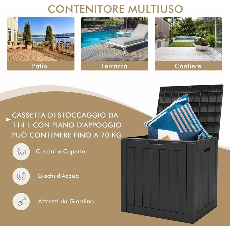 Baule da giardino in legno acacia 182L con 2 ruote borsa interna  impermeabile, Contenitore da esterno 127x50x45cm - Costway