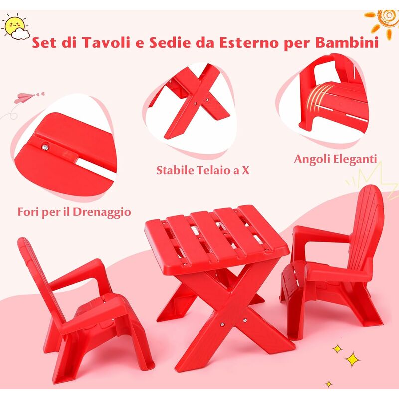 COSTWAY Set Tavolino e Sedie per Bambini in Plastica, Tavolino Bambini con  2 Sedie Adirondack, per Cameretta, Soggiorno e Esterno, per Bambini da 3 a  6 Anni (Red)