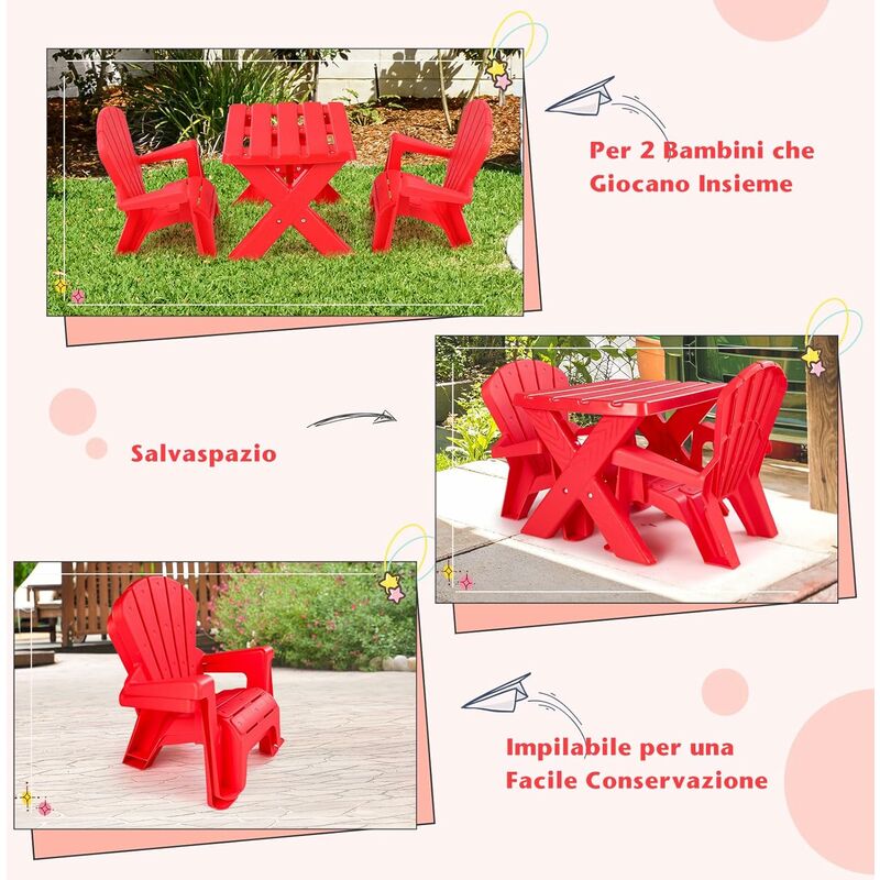 COSTWAY Set Tavolino e Sedie per Bambini in Plastica, Tavolino Bambini con  2 Sedie Adirondack, per Cameretta, Soggiorno e Esterno, per Bambini da 3 a  6 Anni (Red)