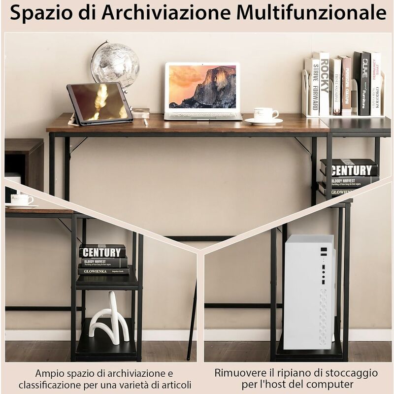 COSTWAY Scrivania per Computer da 140 cm, Scrivania per PC Portatile con  Ripiani, Telaio in Acciaio e Ampio Piano, Scrivania Industriale per Ufficio  e Studio, 140 x 60 x 74 cm (Marrone)