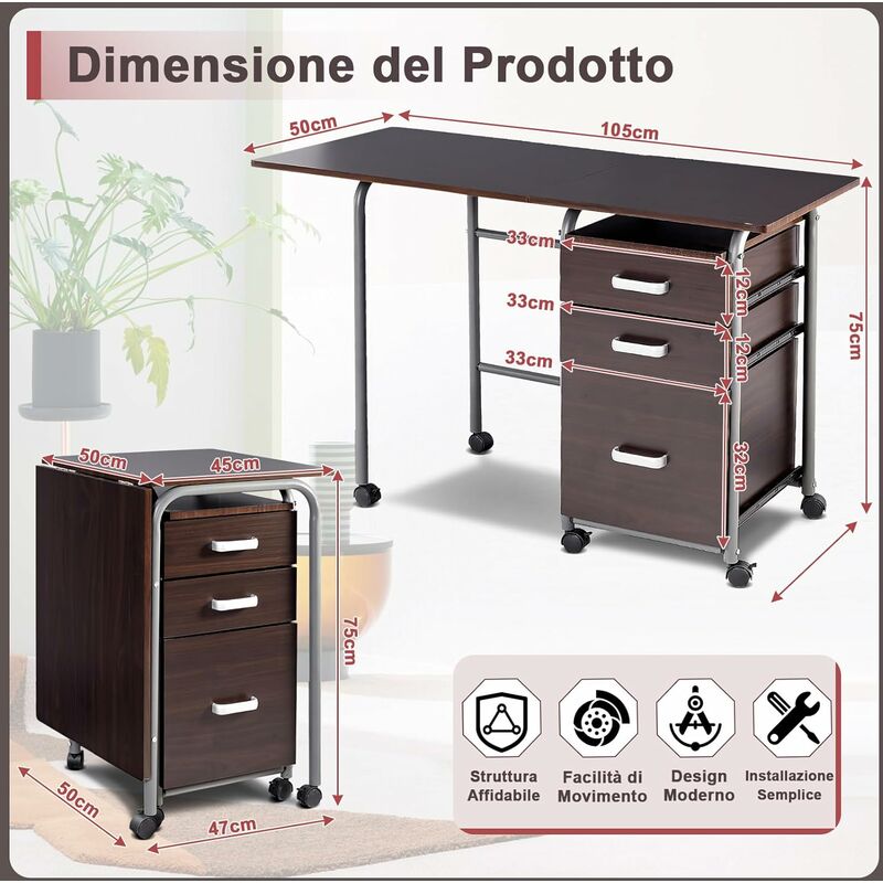 COSTWAY Scrivania Salvaspazio con 3 Cassetti e Ruote Bloccabili, Scrivania  Porta PC Pieghevole con Struttura in Metallo per Studio e Ufficio, 105 x 50  x 75 cm, Portata 100 kg (Marrone)