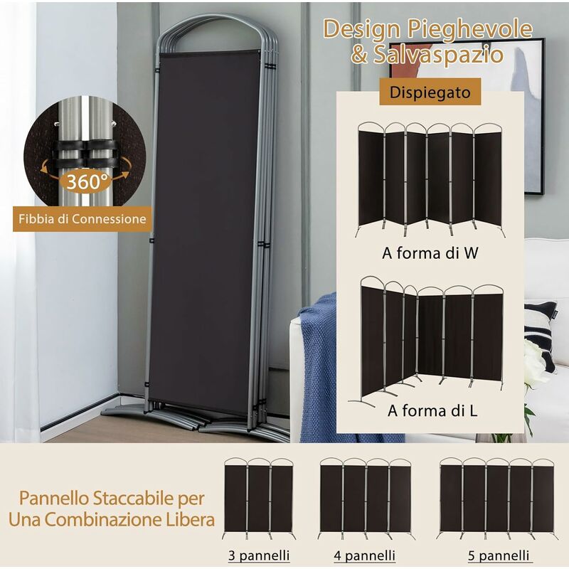 COSTWAY Paravento Pieghevole a 4/6 Pannelli, Separé Divisorio Interno ed  Esterno, Pannelli Divisori per Camera da Letto, Ufficio e Soggiorno (331 x  188 cm 6 Pannelli, Marrone)