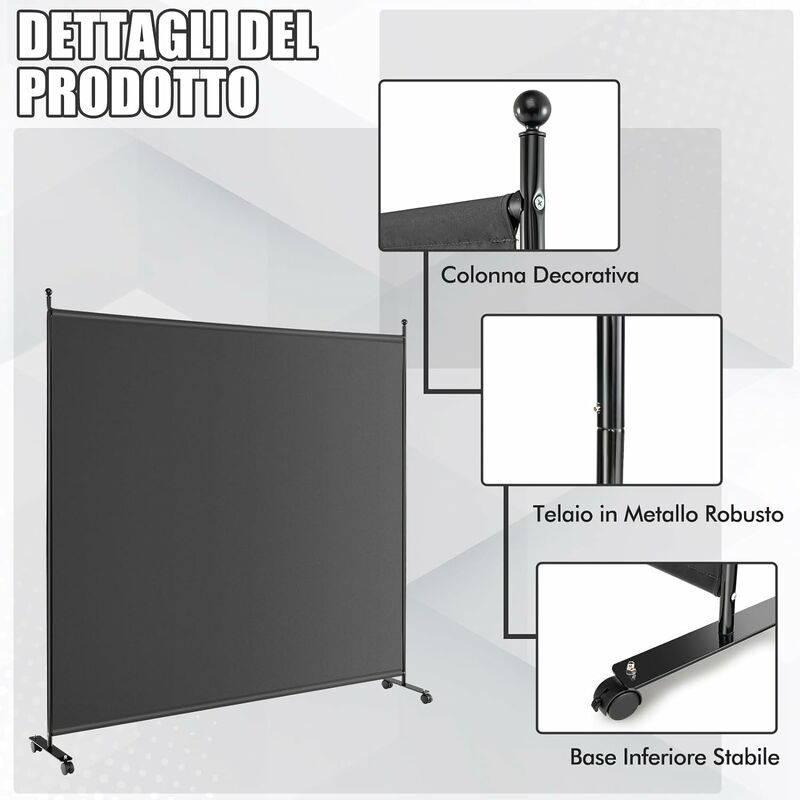 Pannello divisorio singolo con ruote bloccabili, Paravento da interno  portatile da soggiorno 184x184cm - Costway