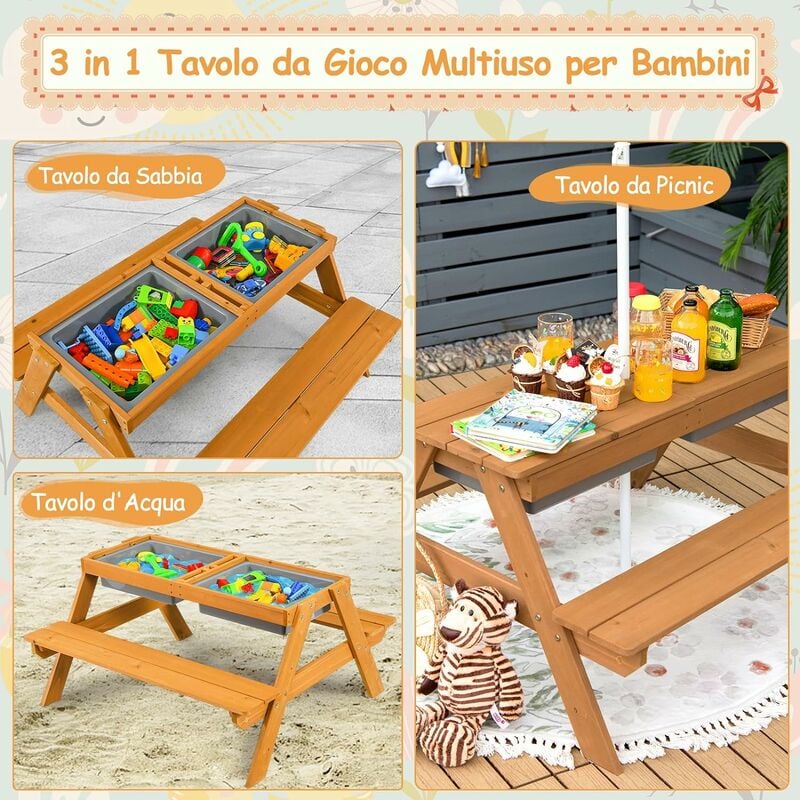 COSTWAY Set Tavolo Picnic Bambini 3 in1 con Ombrellone Rimovibile e  Regolabile, Tavolino con Piano Rimovibile, Tavolo con Panche in Legno per  Bambini da Interno Esterno (bianco+verde)