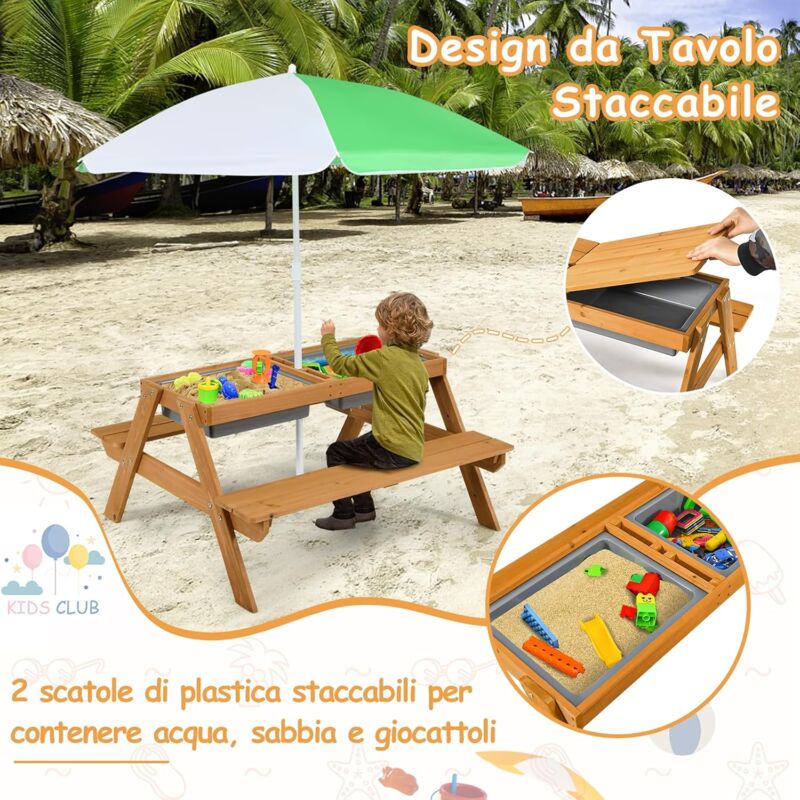 GOPLUS Set Tavolo Da Picnic 3 In 1 Per Bambini, Con Ombrello Rimovibile E Pieghevole E 2 Scatole Set Di Tavolo E Panca In Legno Per Esterno Giardino Patio 79255964