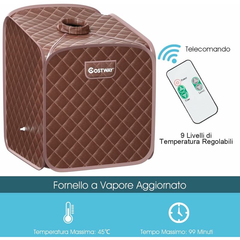 COSTWAY Sauna a Vapore Portatile con Telecomando, Cabina Sauna a Vapore  Pieghevole con Sedia e 9 Livelli di Temperatura, Telaio in metallo (Caffè)