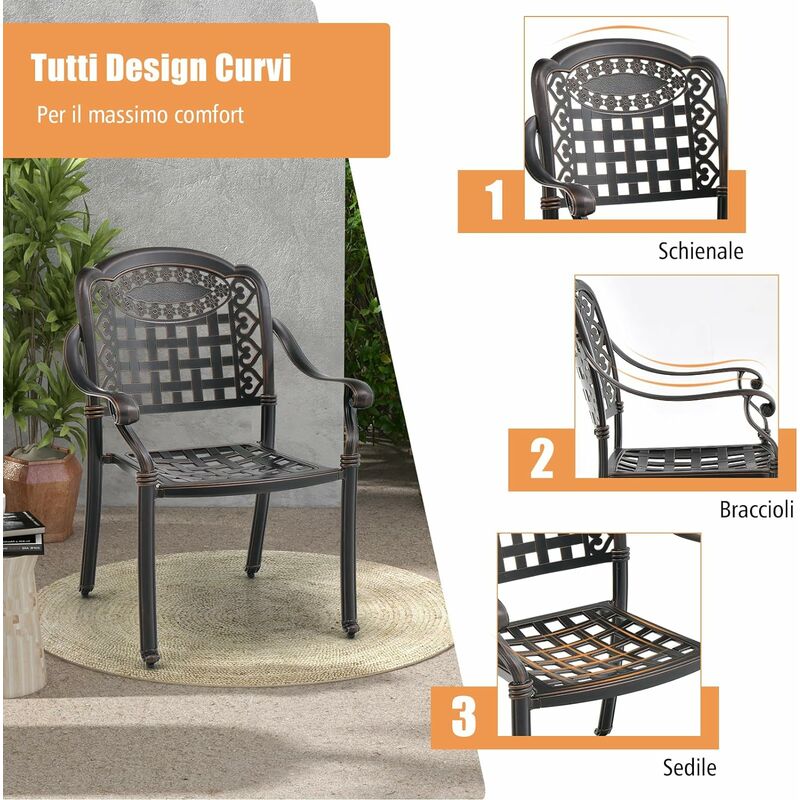 COSTWAY Set di 2 Sedie da Esterno in Alluminio Pressofuso, Sedie da Pranzo  Impilabili con Braccioli, Sedie da Esterno in Alluminio Pressofuso per  Balcone, Cortile, Giardino, Bronzo