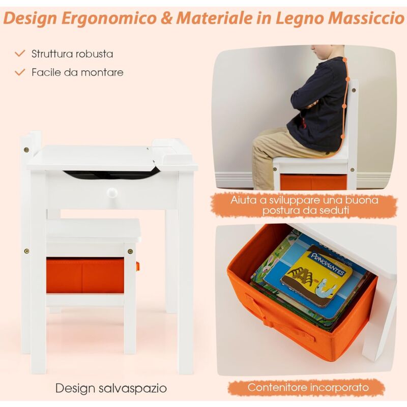Set Scrivania E Sedia Bambini In Legno Costway | Tavolo Studio Con Cassetti E Organizer - Foto 11