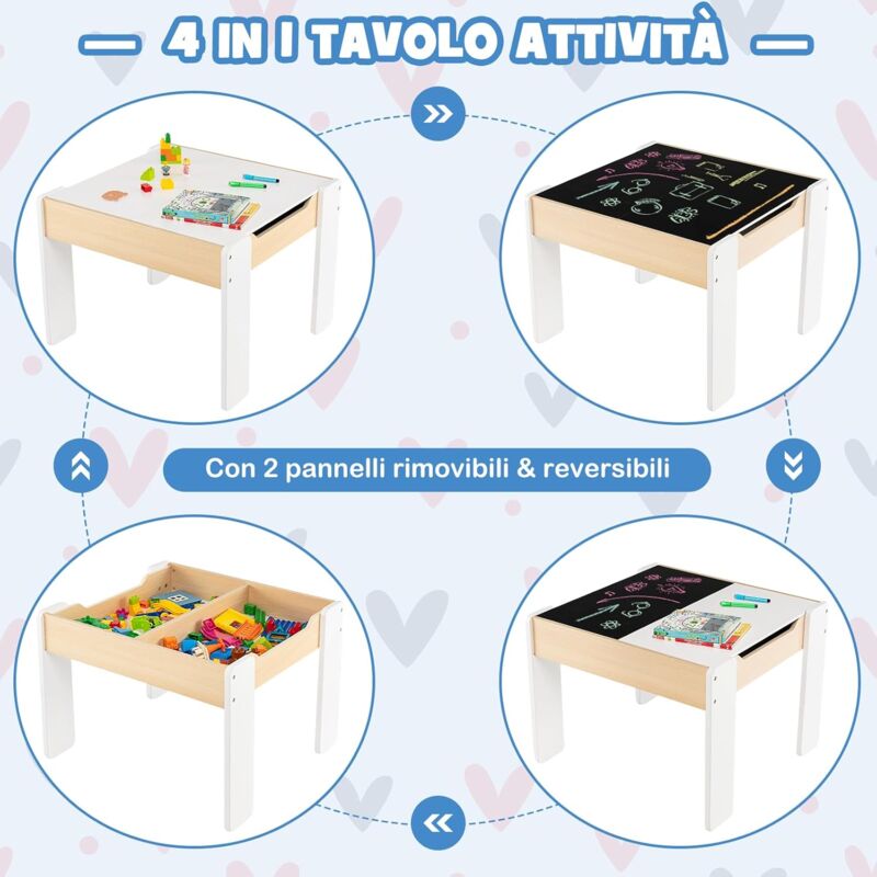 Set Tavolino Per Bambini E 2 Sedie Piano Del Tavolo 2 In 1 Con Lavagna E Contenitori Grigio 84043131