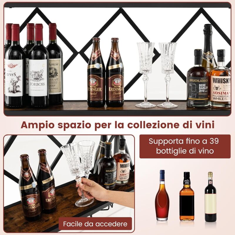 Portabottiglie E Bicchieri Da Parete MBQQ, 2 Ripiani In Legno E Metalllo, Con 5 Steli, Per Vino E Tazze, Colore Nero