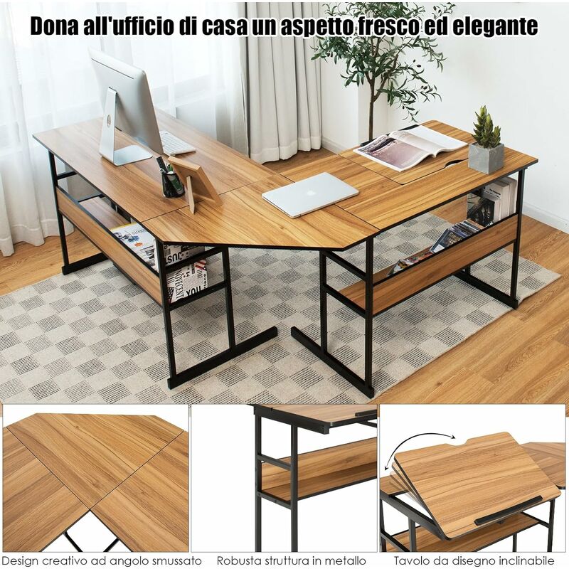 COSTWAY Scrivania Angolare 170 CM, Scrivania per Computer ad Angolo Moderna  con Piano Inclinabile, Scaffale Inferiore