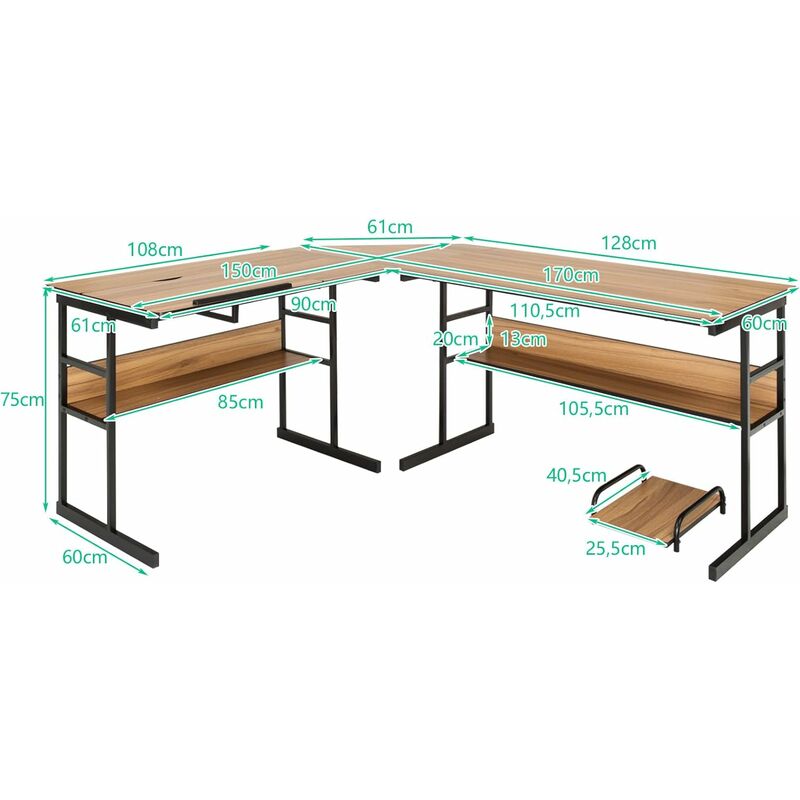 COSTWAY Scrivania Angolare 170 CM, Scrivania per Computer ad Angolo Moderna  con Piano Inclinabile, Scaffale Inferiore e Supporto per CPU, Scrivania a Forma  di L per Ufficio e Studio (Noce)