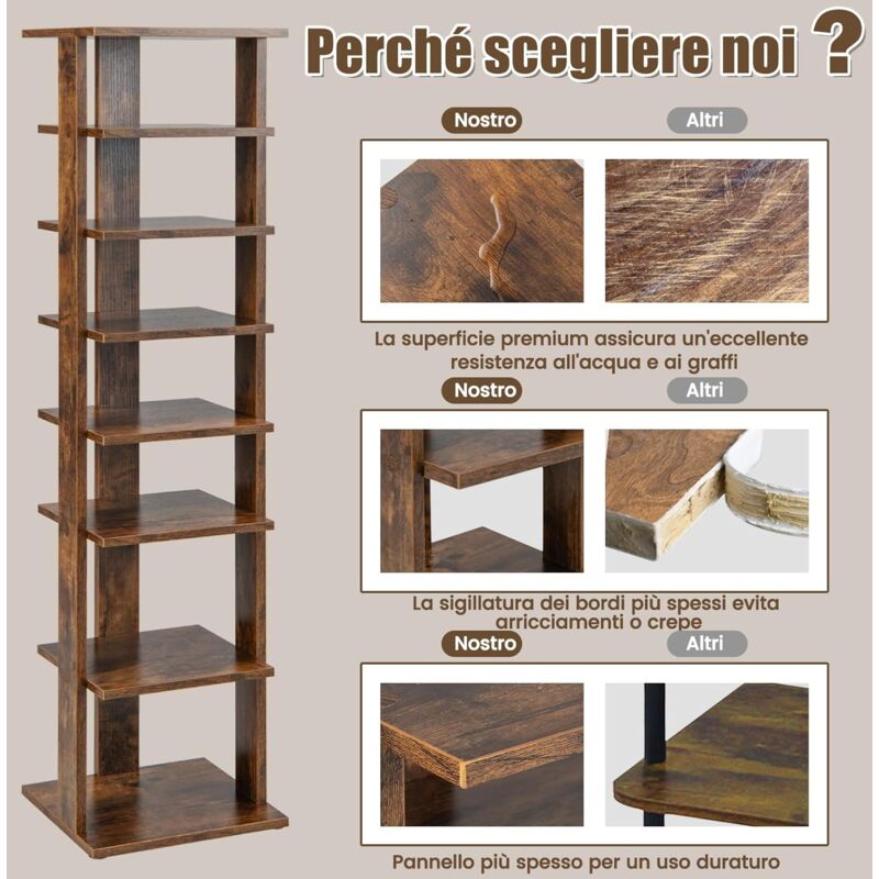 Scarpiera Alta Mondeer 7 Ripiani – 70x28x113 Cm, In Legno E Metallo, Stile Industriale, Marrone Rustico, Ripiani Rimovibili