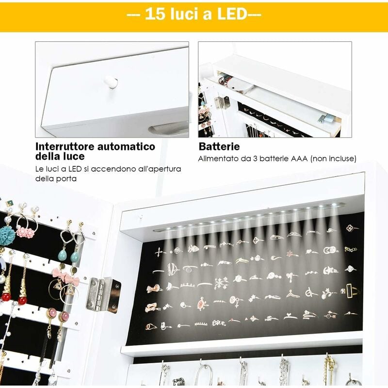 Costway Armadio portagioielli a LED con chiusura alla porta, Organizer  gioielli con specchio a figura intera, 37x9x120cm Bianco>