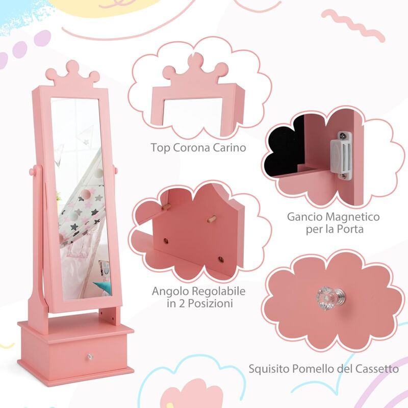 Armadio Portagioie Bambini 3 In 1 - Con Specchio E Appendiabiti Bianco - Foto 9