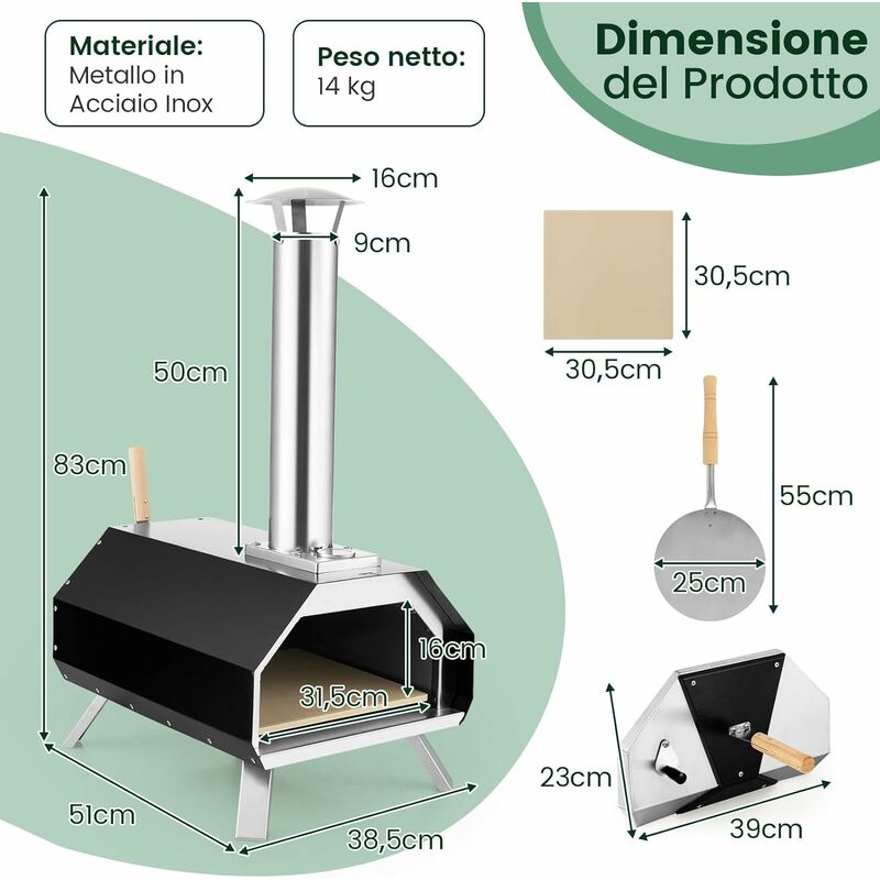 Forno per pizza all'aperto a 2 strati con manici antigraffio gambe  pieghevoli, Fornello per pizza a legna Nero - Costway
