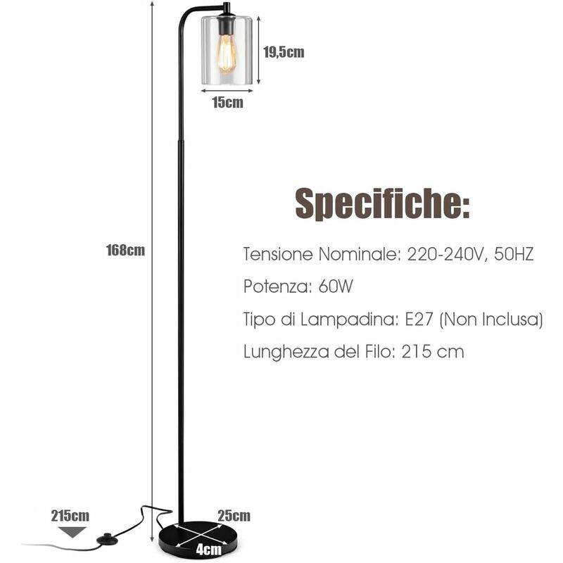 Lampada da terra con 3 paralumi colorati in vetro interruttore a pedale, Lampada  moderna a stelo altezza 162cm - Costway