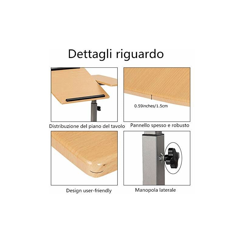 Tavolino Porta PC regolabile con ruote in legno Tavolo laptop antiscivolo  64x44x64-95cm Noce - Costway