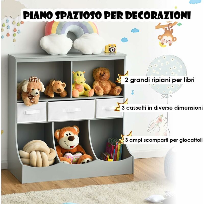 Costway Libreria per bambini a 4 piani per giocattoli, Organizzatore di  giocattoli per la camera dei bambini Grigio