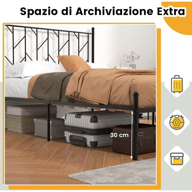 VECELO Telaio Letto Matrimoniale In Metallo 140x190 Cm Nero Con Testiera E Spazio Sottoletto 32 Cm - 3