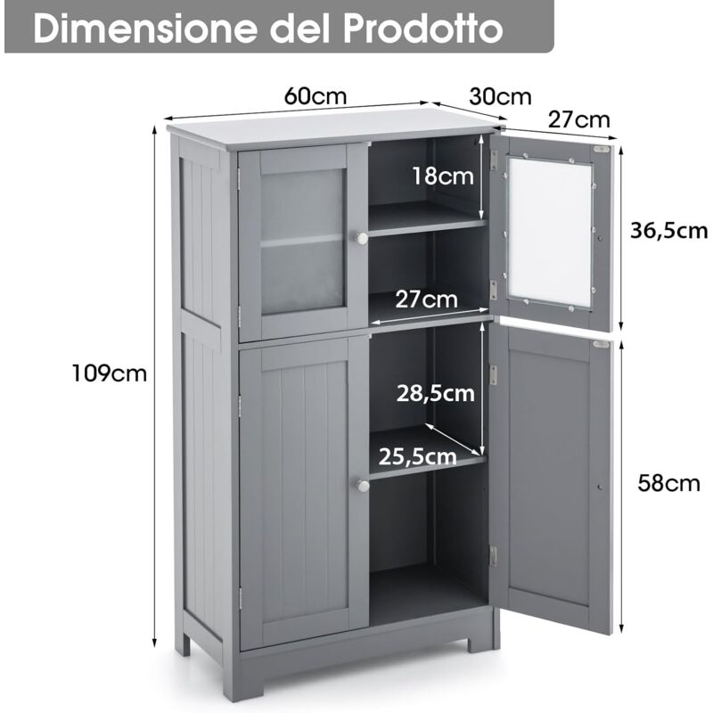 WEENFON Armadietto Portaoggetti Con Ante E Mensole – Armadio Da Pavimento Grigio Per Soggiorno, Cucina, Corridoio – 75x30x80 Cm
