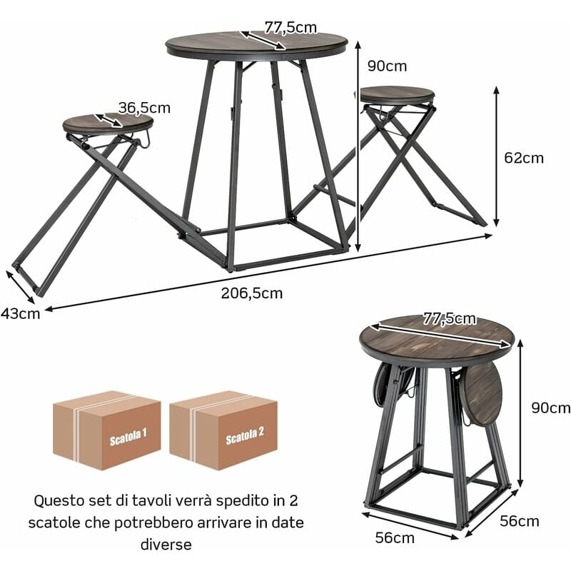 Set di tavolo rotondo e sgabelli pieghevoli con struttura in metallo per  impieghi gravosi, Set per 2 persone Grigio - Costway