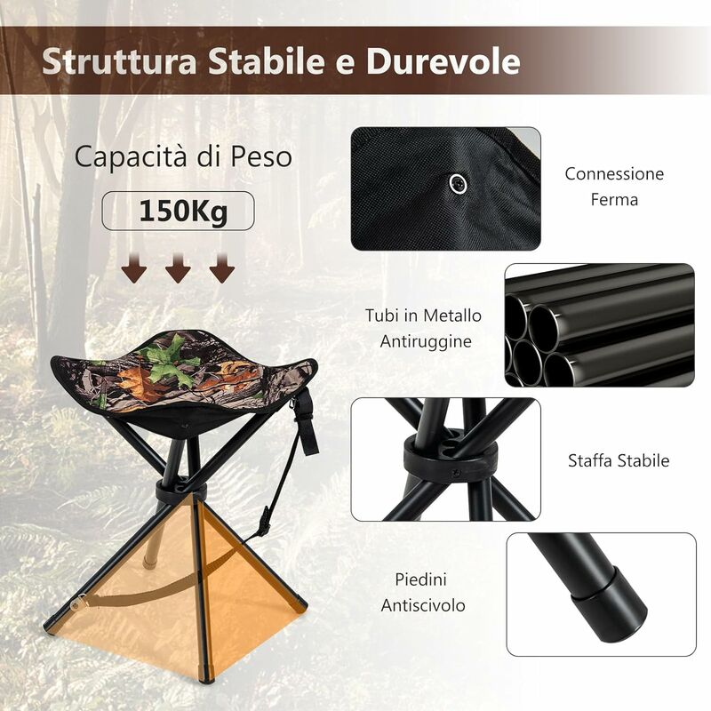 COSTWAY Set di 2 Sgabelli da Caccia Treppiede Pieghevoli, Sgabello da  Esterno Pieghevole Leggero con Tracolla, Sgabello Treppiede Portatile per  Campeggio, Caccia, Pesca, Viaggi, Carico Massimo 150 kg