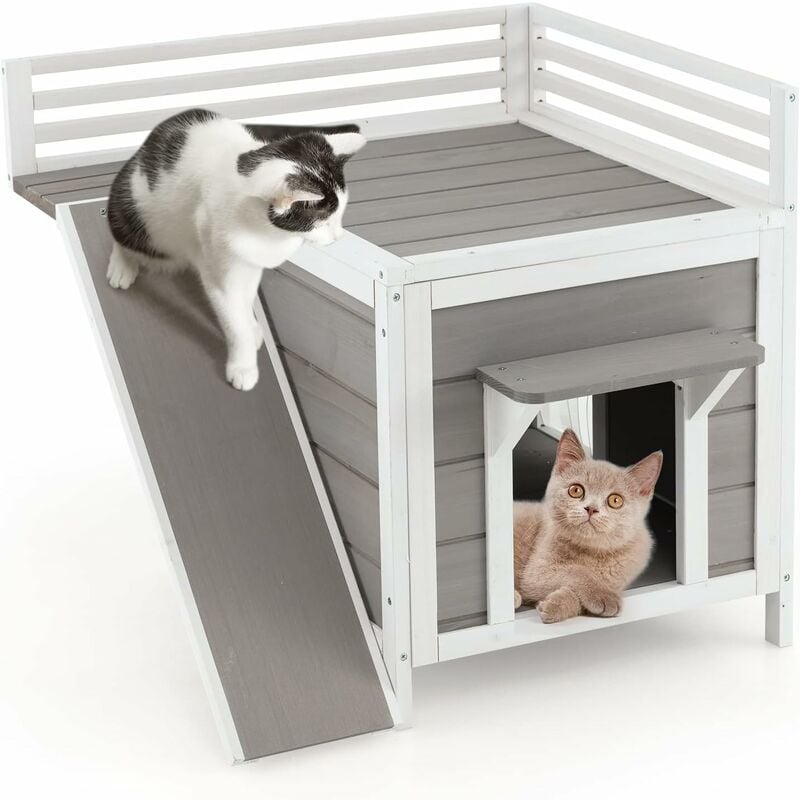 COSTWAY Casetta per Cani e Gatti a 2 Piani in Legno da Interno Esterno,  Cuccia per Animali Domestici con Balcone, Rampa, Porte di Fuga e Tende in  PVC, Cuccia per Cani e