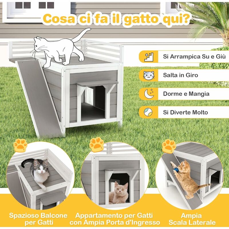 Casetta triangolare di legno per gatti per interno ed esterno, Rifugio per  animali di taglia piccola e media Grigio - Costway