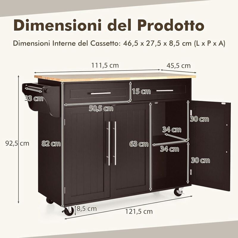 COSTWAY Carrello da Cucina, Carrello di Servizio con Ruote e Maniglia, 3  Ante e 2 Cassetti, Ideale per Cucina Ristorante Bar, 122x46x92,3 cm (Marrone )