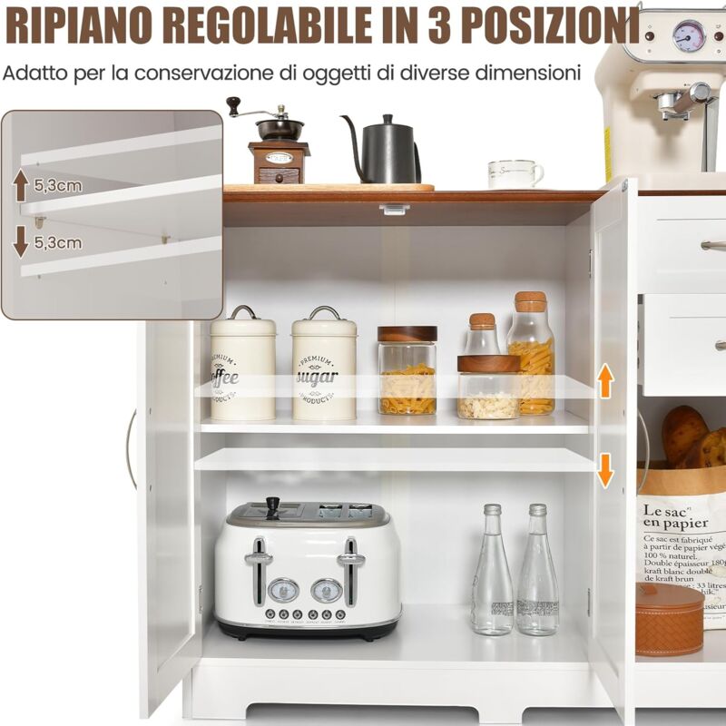 Costway Credenza buffet con 2 porte e 3 cassetti estraibili, Mobile da cucina in legno con kit anti-ribaltamento Naturale Bianco