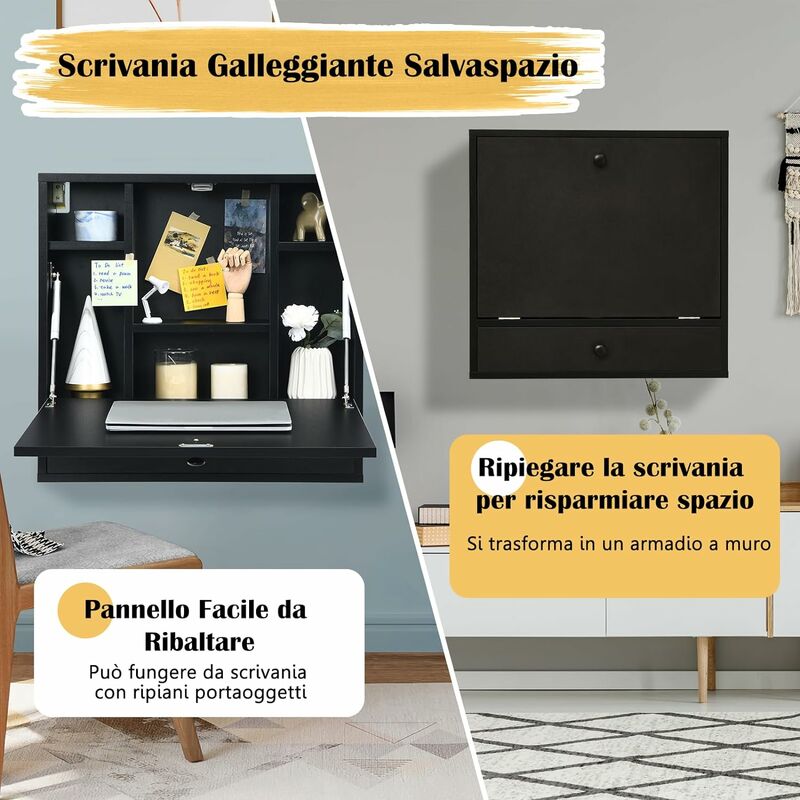 COSTWAY Scrivania Pieghevole a Muro, Tavolo da Parete con Ripiani e  Cassetto e Piano Ribaltabile, Scrivania a Ribalta da Parete Multiuso da  Studio Camera da Letto e Soggiorno (Nero)