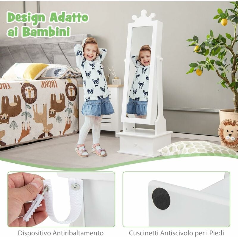 COSTWAY Armadio Gioielli per Bambini con Specchio, Armadietto Portagioie da  Terra per Bambini con 3 Cassetti, per Bambini 3+ Anni, Ideale per Camera da  Letto (Bianco)