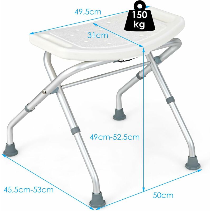 Sgabello per doccia regolabile in altezza a 3 livelli con maniglie portata  150kg, Sedia per doccia 53x50x52,5cm - Costway