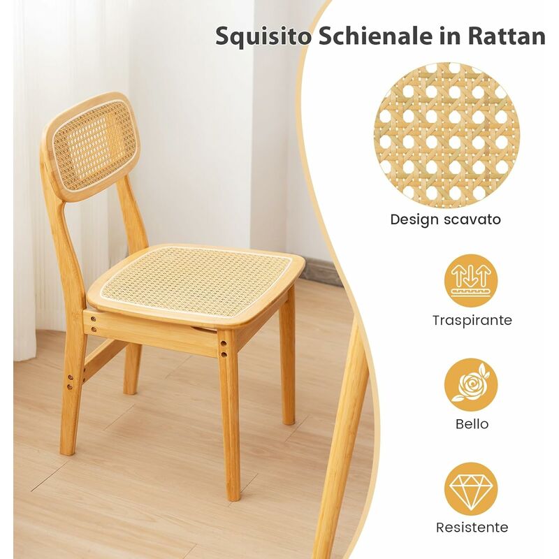 Set 2 sedie in legno con schienale in rattan e seduta in cotone e