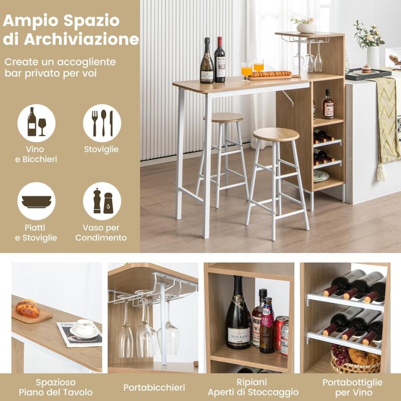 Portabottiglie Angolare 5 Ripiani Con Portabicchieri Per 6 Calici, Mobile Bar Industriale In Legno E Metallo, 171x36x36 Cm