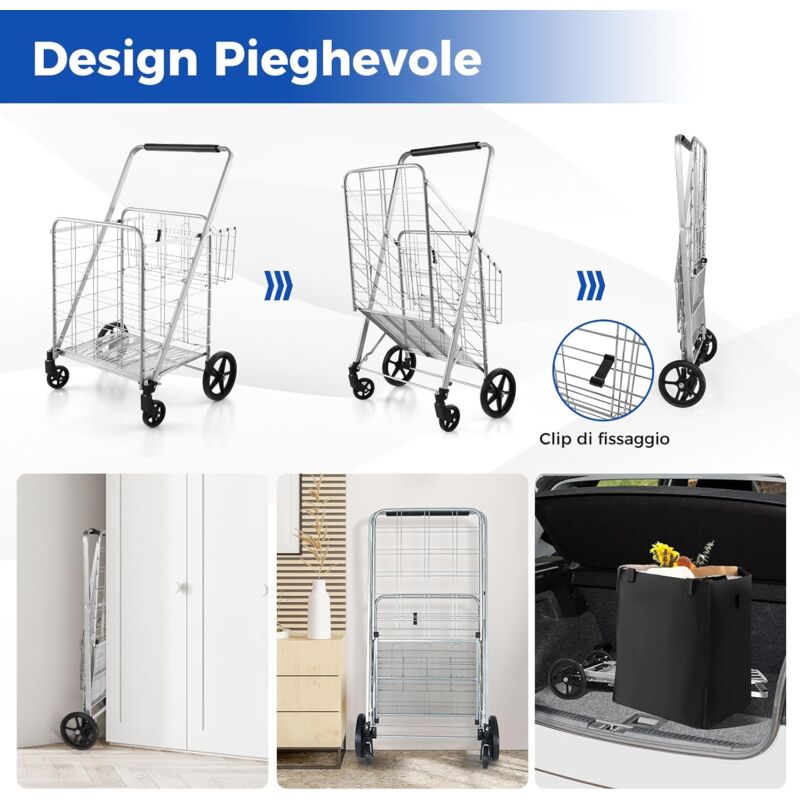 Carrello Portaspesa Pieghevole, Carrello Spesa Con Ruote Girevoli A 360 Carrello Portaspesa Pieghevole, Carrello Spesa Con Ruote Girevoli A 360