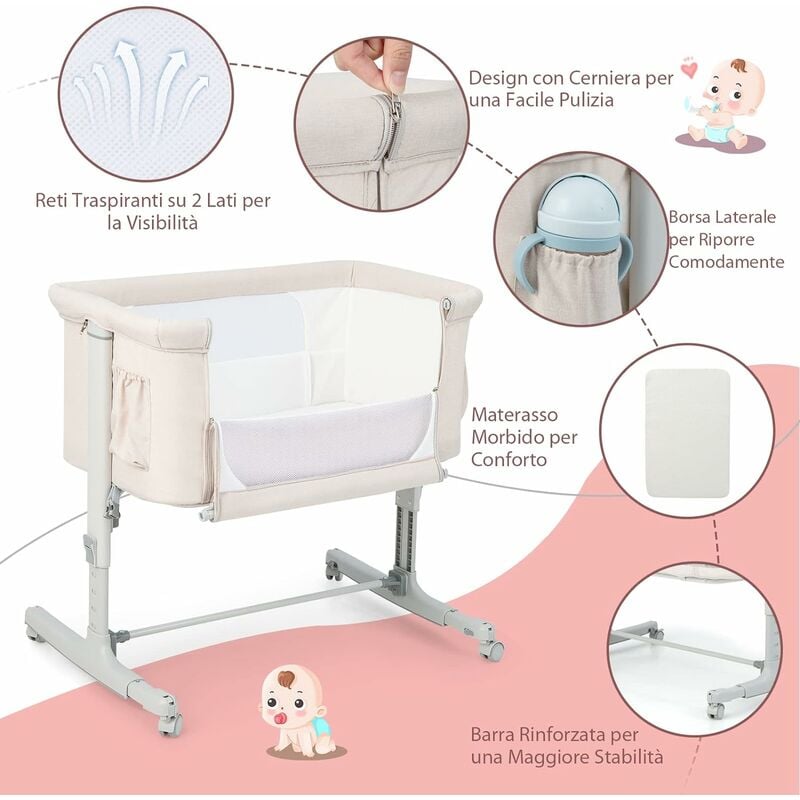 Carvapet Culla Fianco Letto 3 in 1 Lettino Co-Sleeping con  Materasso,Regolabile in Altezza,Neonato Letto con Cestello Capiente,Grigio