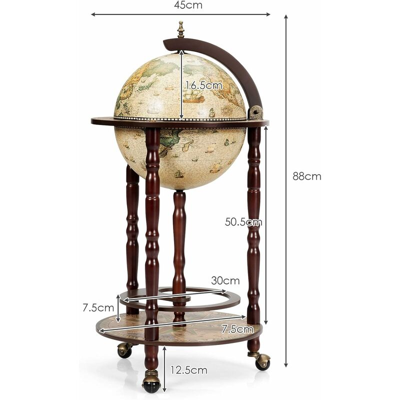 Mappamondo Bar con Ruote Mobile Porta Liquori, con Stile retrò, 88 x 45 x  45cm (Marrone