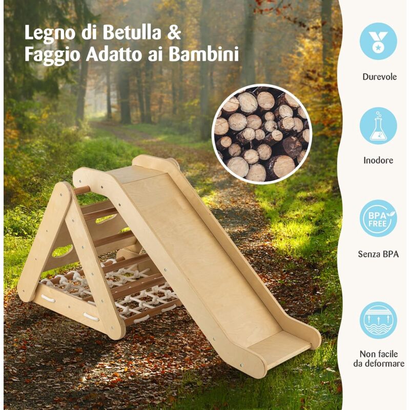 COSTWAY Set 4 in1 Arrampicata per Bambini, Arrampicata a Triangolo con  Scivolo, Set di Arrampicata in Legno per Interni e Esterni con Rete di  Arrampicata, Carico 60kg, 1 Anni+ (Naturale)