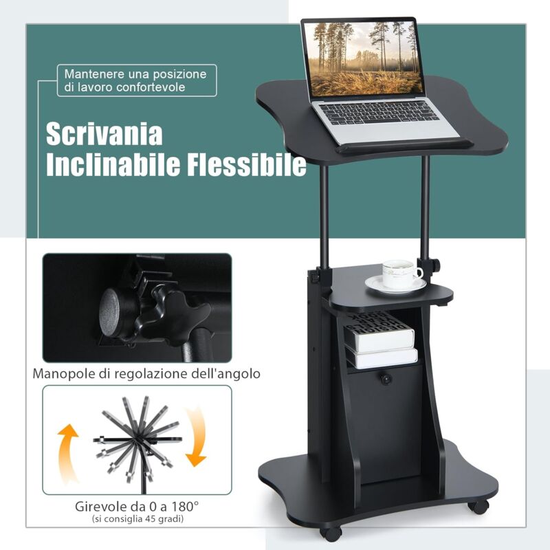 Scrivania mobile, regolabile in altezza, facile da spostare, nera