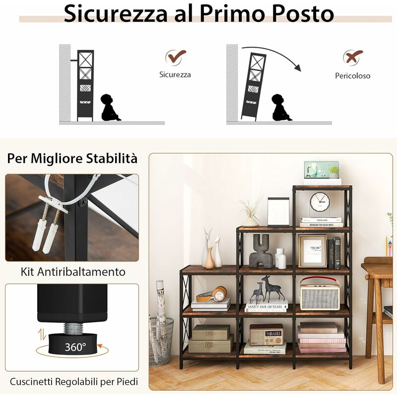 COSTWAY Scaffale a 5 Livelli, Libreria in Acciaio al Carbonio con 9 Cubi,  Kit Anti-ribaltamento e Piedini Regolabili, Ideale per Ufficio, Soggiorno e  Camera da Letto, Marrone Rustico