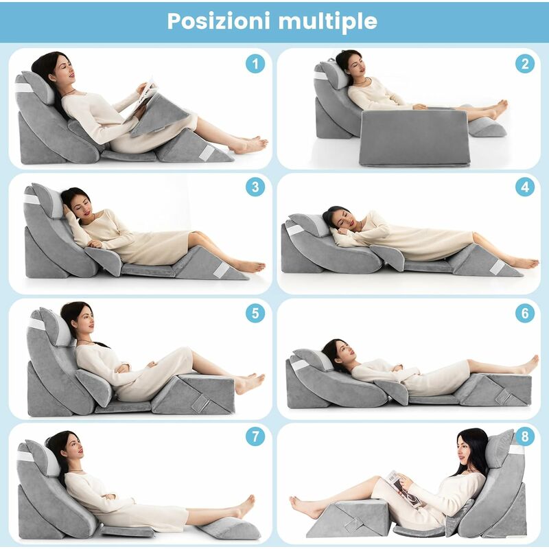 Cuscino a cuneo regolabile da 6 pezzi, Set di cuscini in memory foam per  alleviare il dolore alla schiena Grigio - Costway
