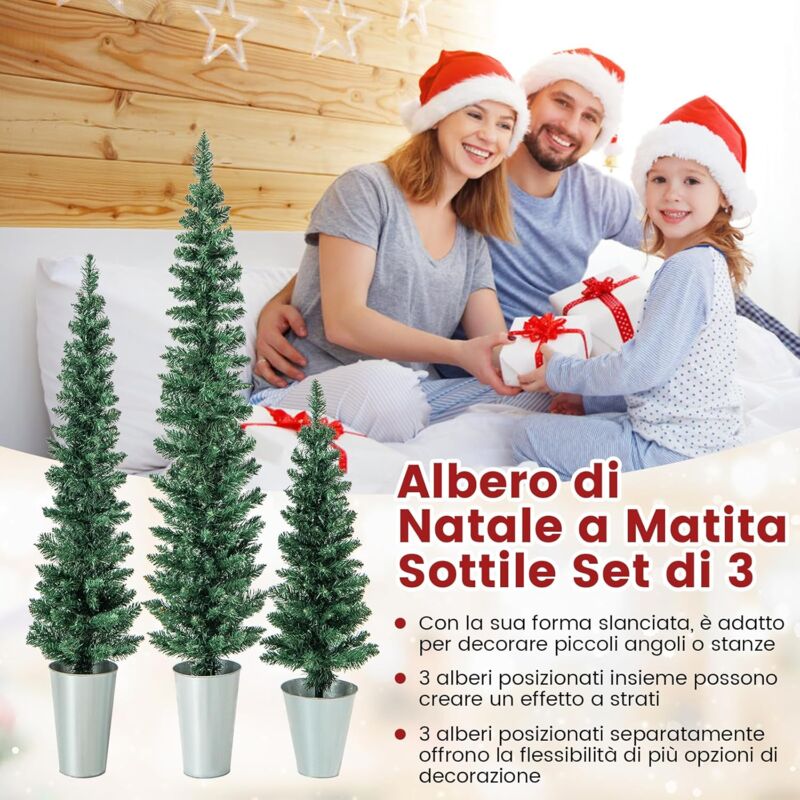Set 3 Alberi Di Natale Slim Con Luci Incorporate: 90, 120 E 150 Cm Per Decorare