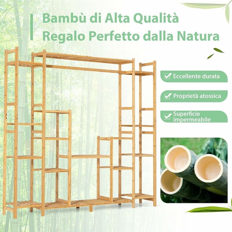 Costway Scaffale per piante in bambù a 9 livelli con barra per appendere,  Supporto per piante Naturale 167x30x166cm