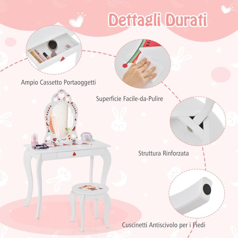 Set Trucco Bambine AIYAPLAY Con Toeletta A Nuvola E Specchio - Tavolo Con Cassetto In MDF Bianco
