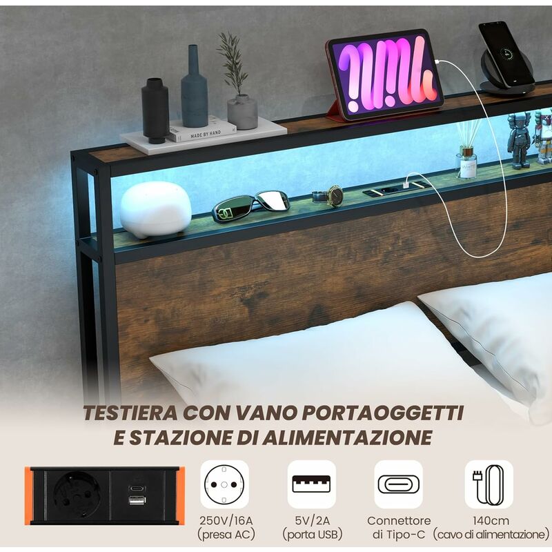 Letto matrimoniale con cassetti e testiera con led e presa multipla, Struttura  letto in metallo 216x144x102cm - Costway